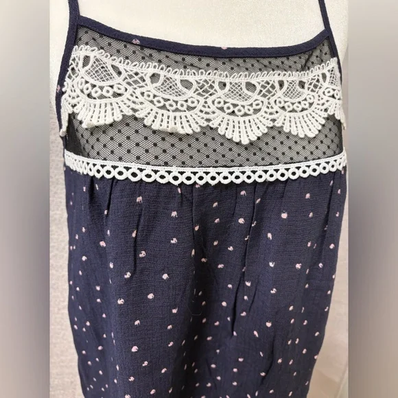 E & M Navy Blue Polka Dot Lace Trim Top Size Small Boho Embroidered Festival - Picture 3 of 12